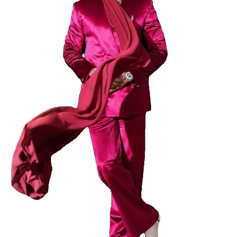 Men Formal Wear With Scarf - Pink Satin Men Suit Set 2