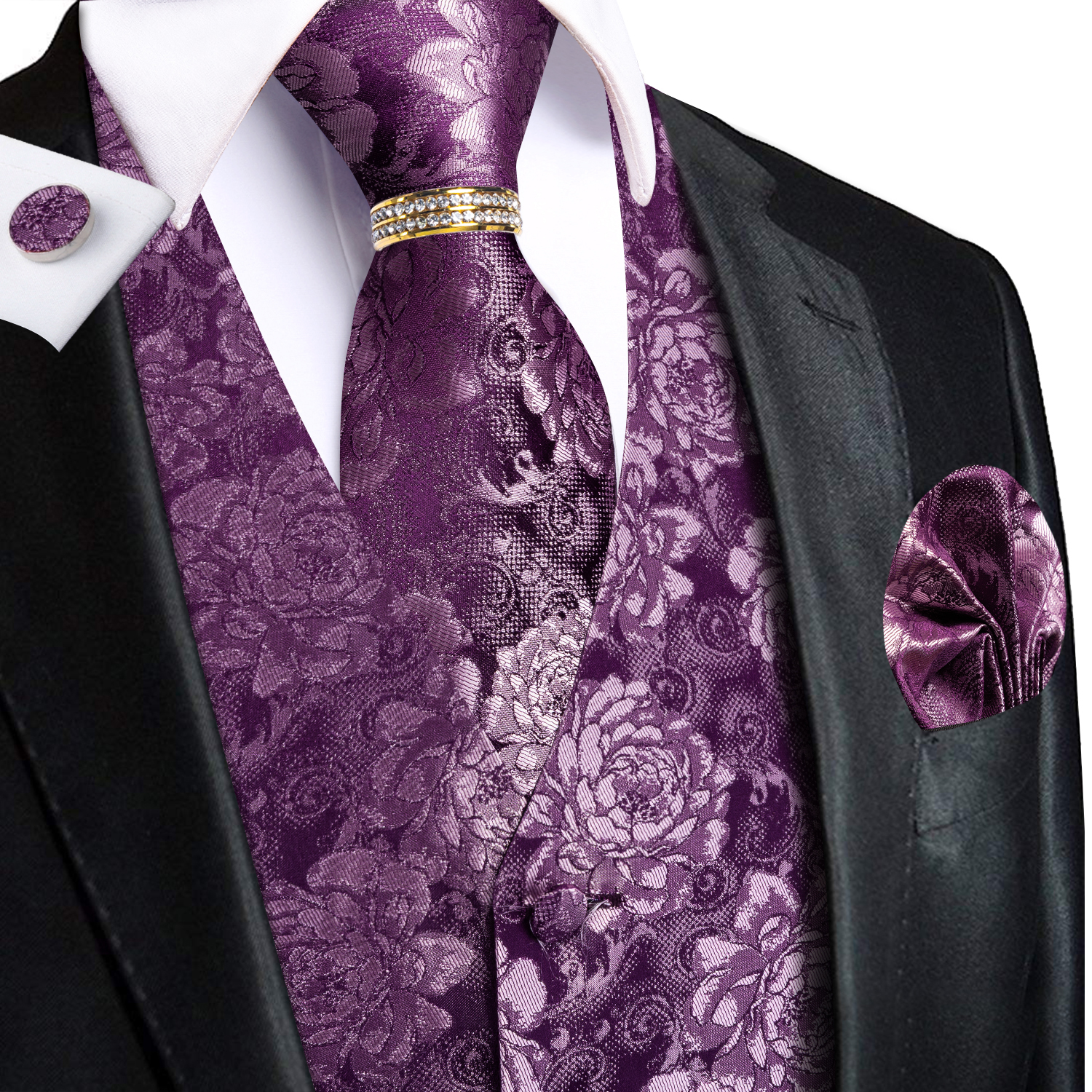 Pocket Square Set - Purple Floral Rose Mens Waistcoat 5Pcs