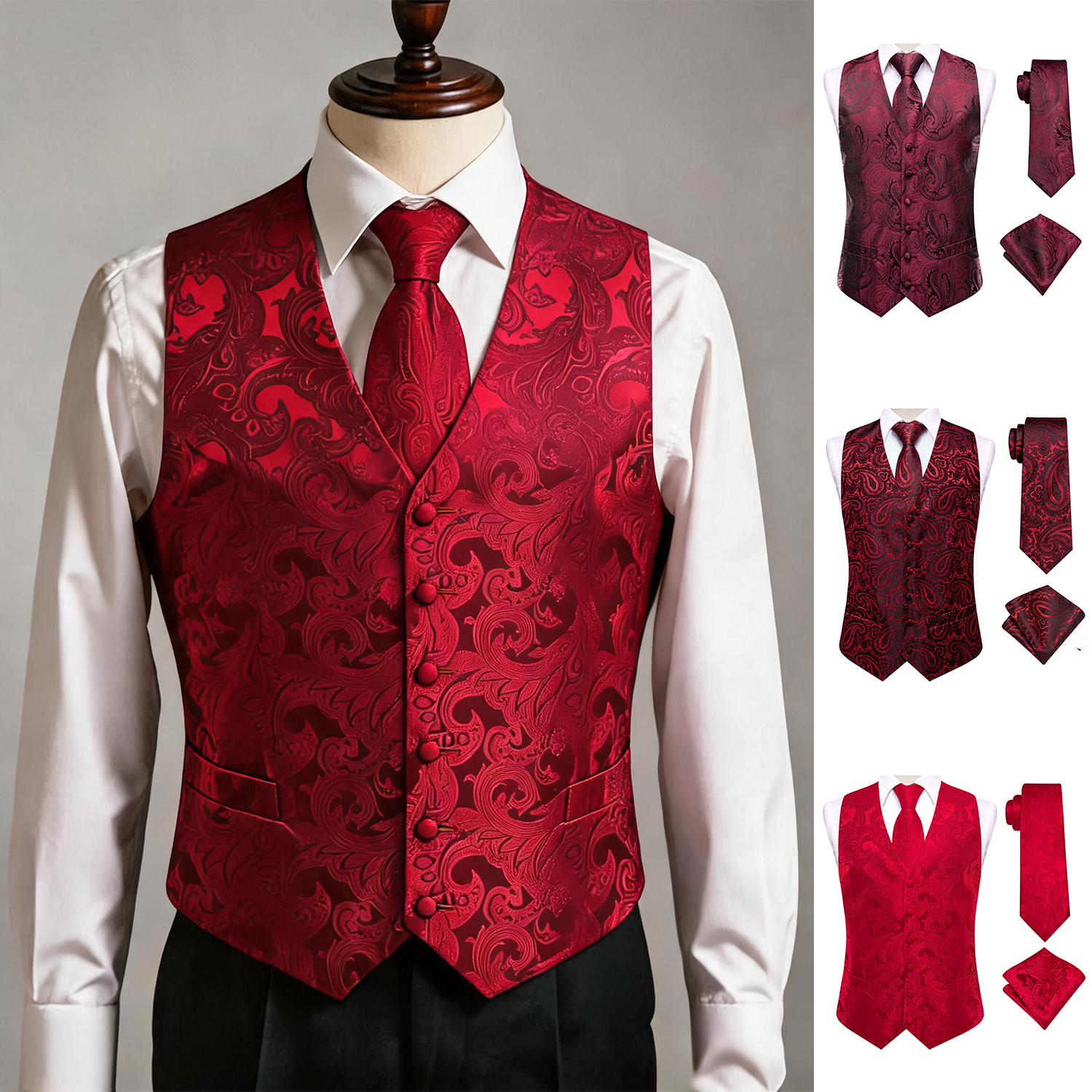 Pocket Square Set - Red Men Vest Three-Piece Suit Set,
