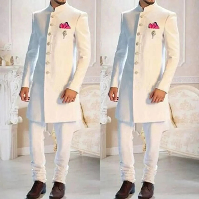 Men'S Formal Ethnic Wear - Fashion Design White Stand Collar Single