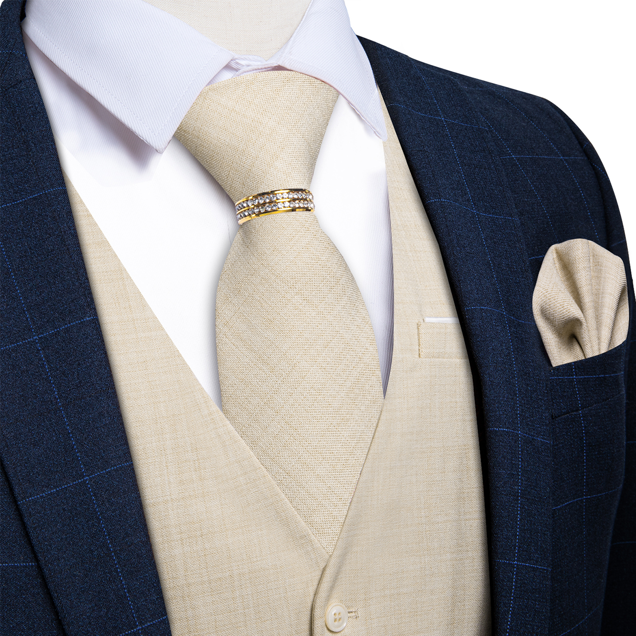 Pocket Square Set - Beige Linen Textured V-Neck Vest 5Pcs