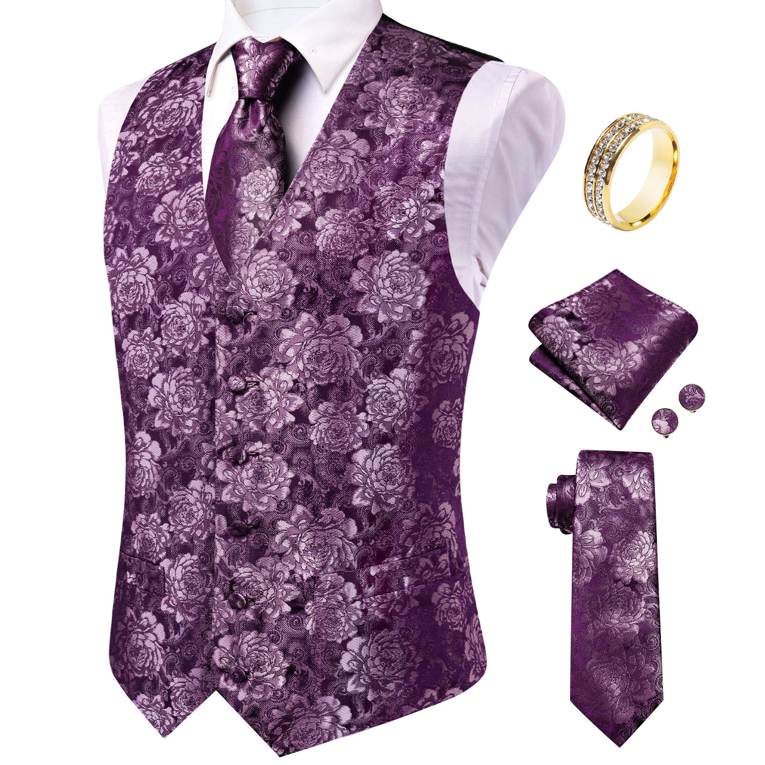 Purple Floral Rose Mens Waistc - Pocket Square Set recension och pris