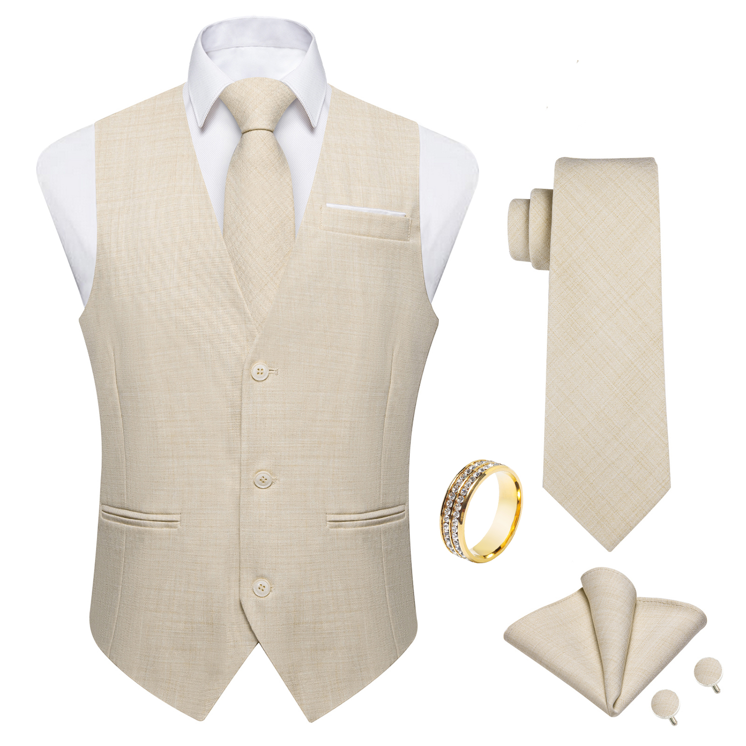 Beige Linen Textured V-Neck Ve - Pocket Square Set recension och pris