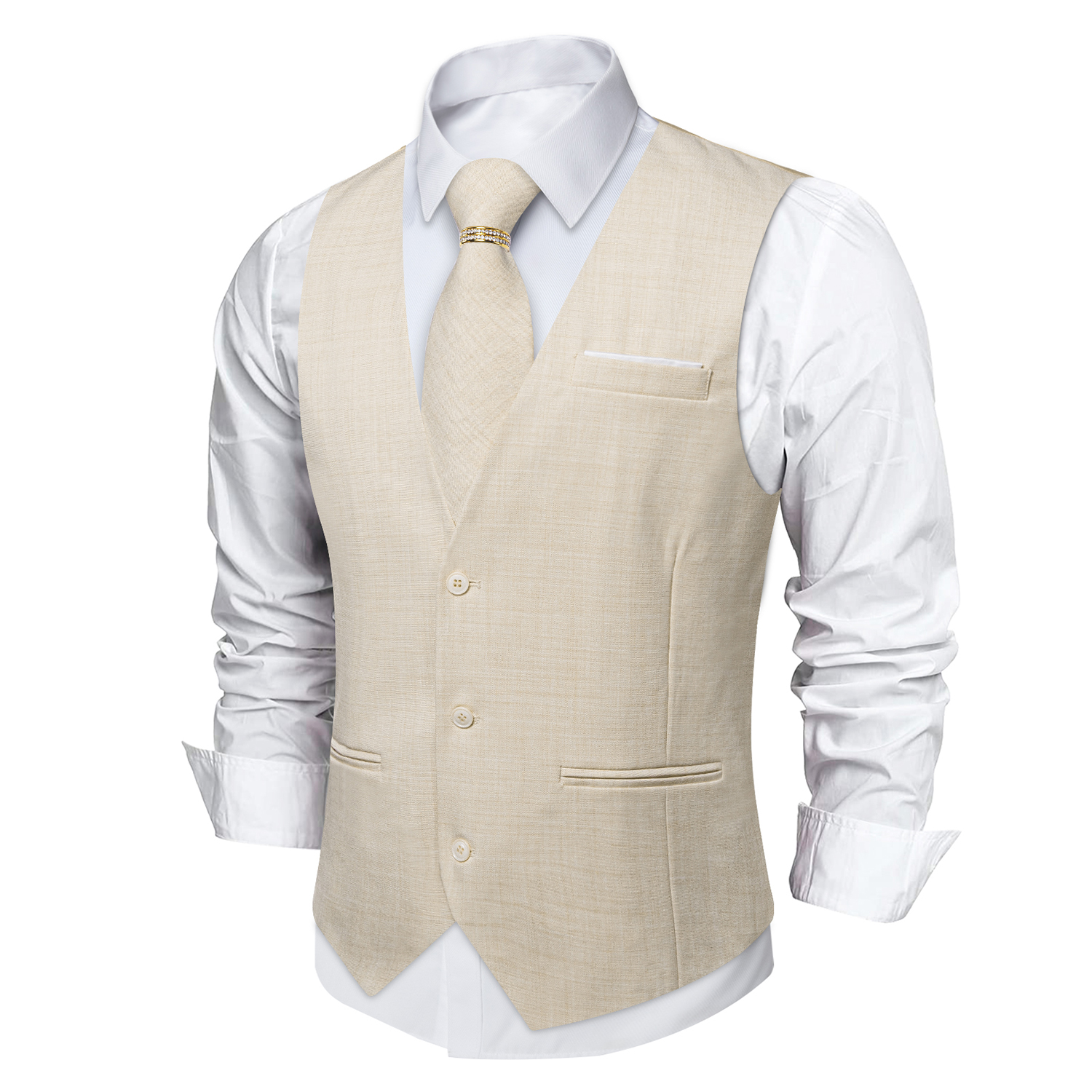 Beige Linen Textured V-Neck Ve - Pocket Square Set recension och pris